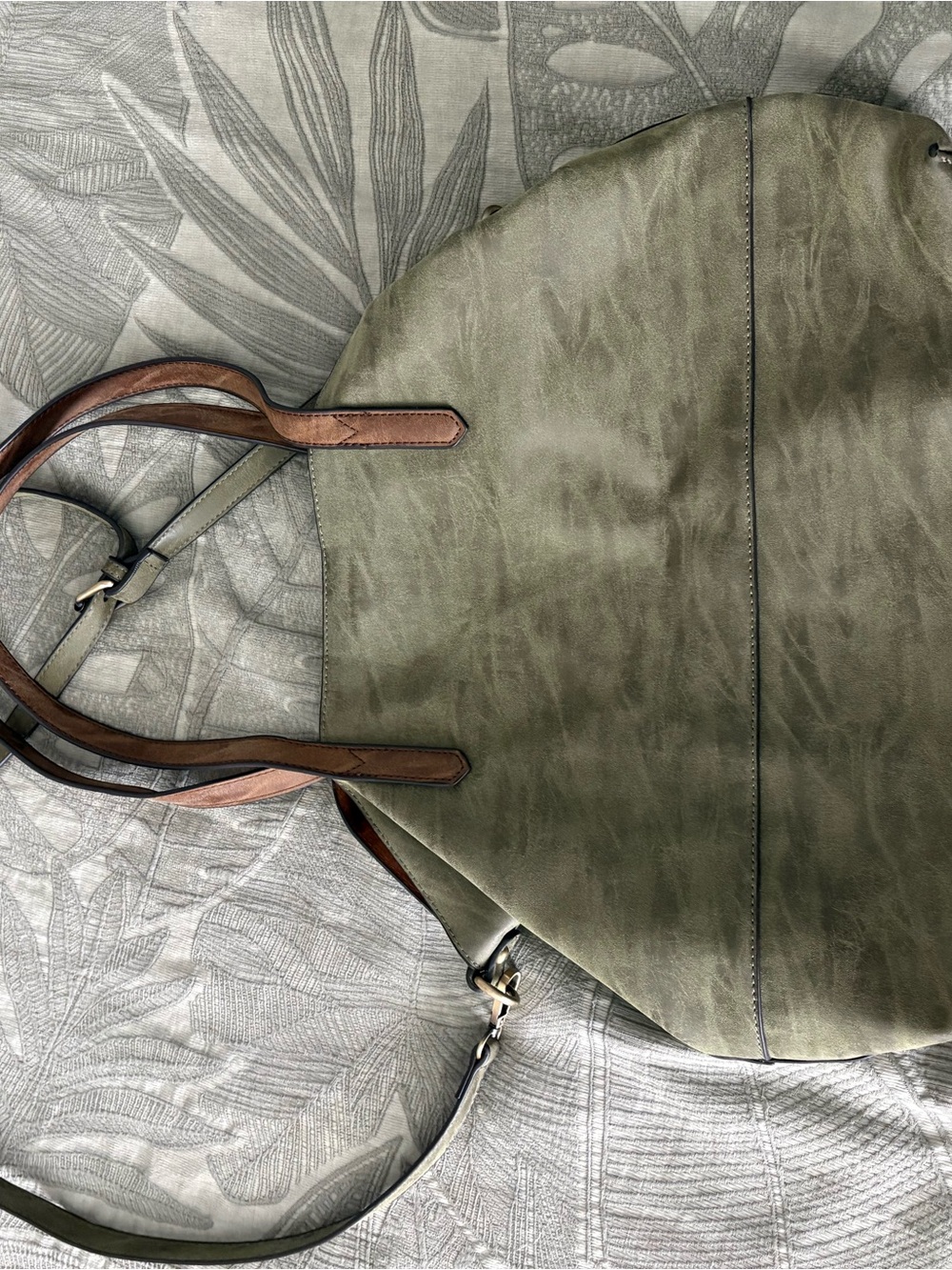Olive Green Leather Tote with Brown Handles